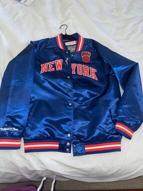 Mitchell & Ness Royal Blue New York Knicks Satin Jacket with Orange & White Trim